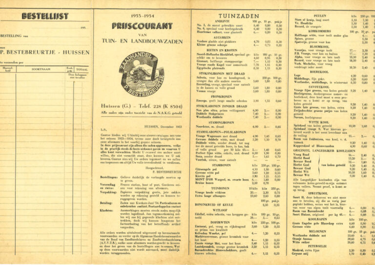 Historische prijslijst van bestebreurtje uit december 1953